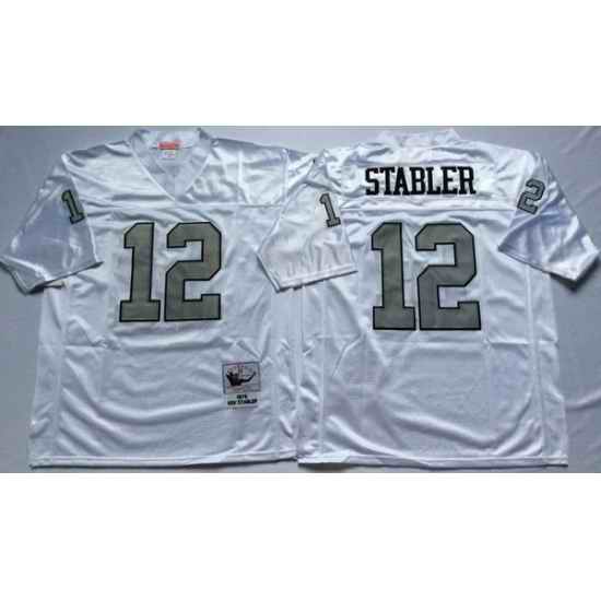 Men Las Vegas Raiders 12 Ken Stabler White Silver M&N Throwback Jersey
